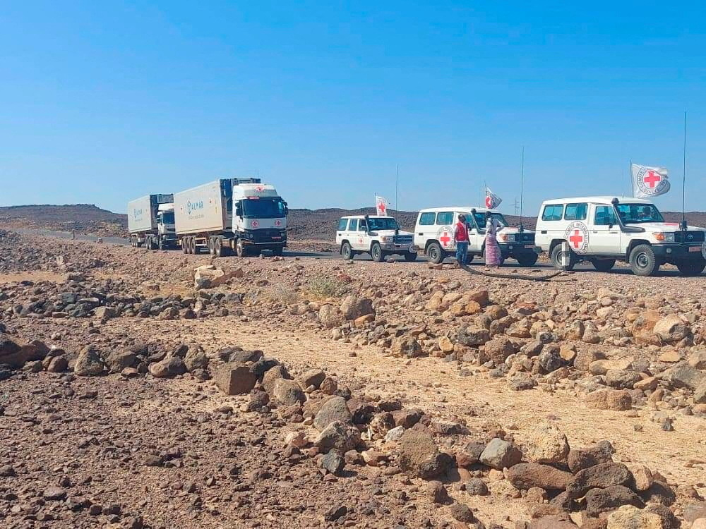 A convoy of trucks from the International Committee of the Red Cross deliver lifesaving medical supplies are seen on the road to Mekele, in the Tigray region of Ethiopia on November 15, 2022