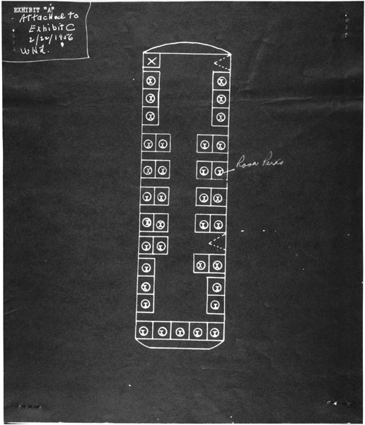Diagram showing where Rosa Parks was seated on a Montgomery, Alabama, bus on December 1, 1955. At that time, the front 10 seats of the Montgomery city buses were permanently reserved for white passengers. Parks was seated in the first row behind those 10 seats. (U.S. National Archives)