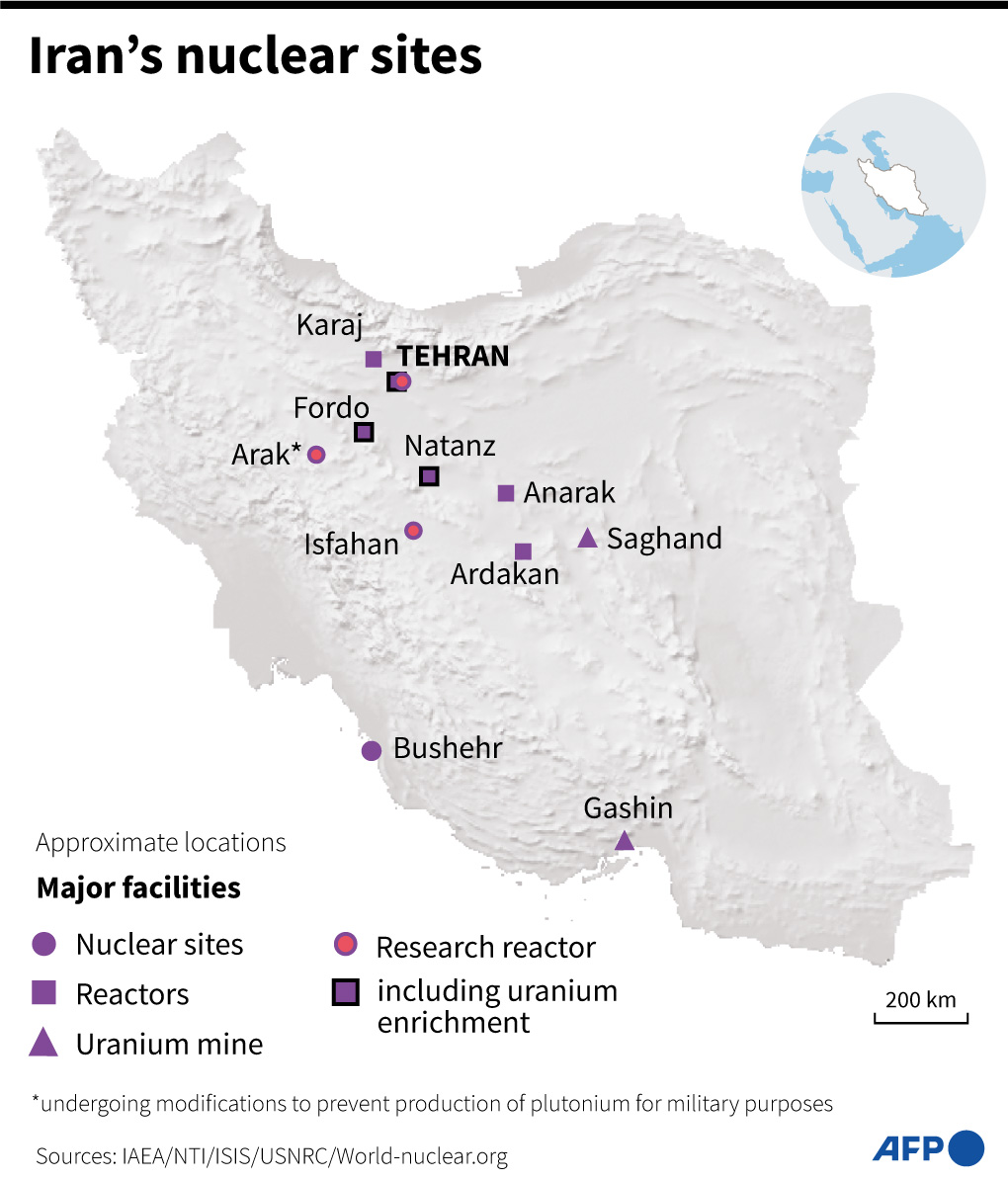 Map of Iran locating nuclear sites/AFP
