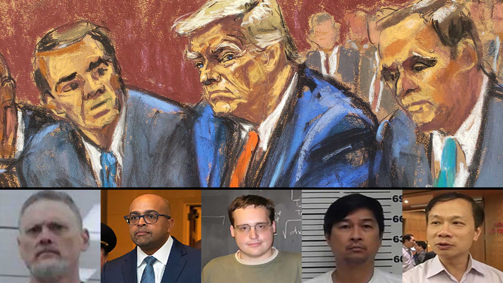 Above: Rendering of Donald Trump in court for his classified document indictment. Below: Photos from CDSE Case Study Library of people convicted of retaining classified documents.