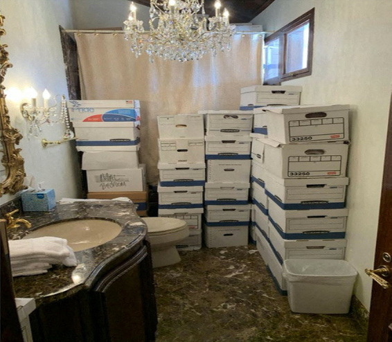 A photo published by the U.S. Justice Department in their charging document against former U.S. President Donald Trump shows boxes of documents stored in a bathroom at Trump's Mar-a-Lago club in Florida in early 2021 as seen embedded in the document released by the Justice Department in Washington, U.S. June 9, 2023.