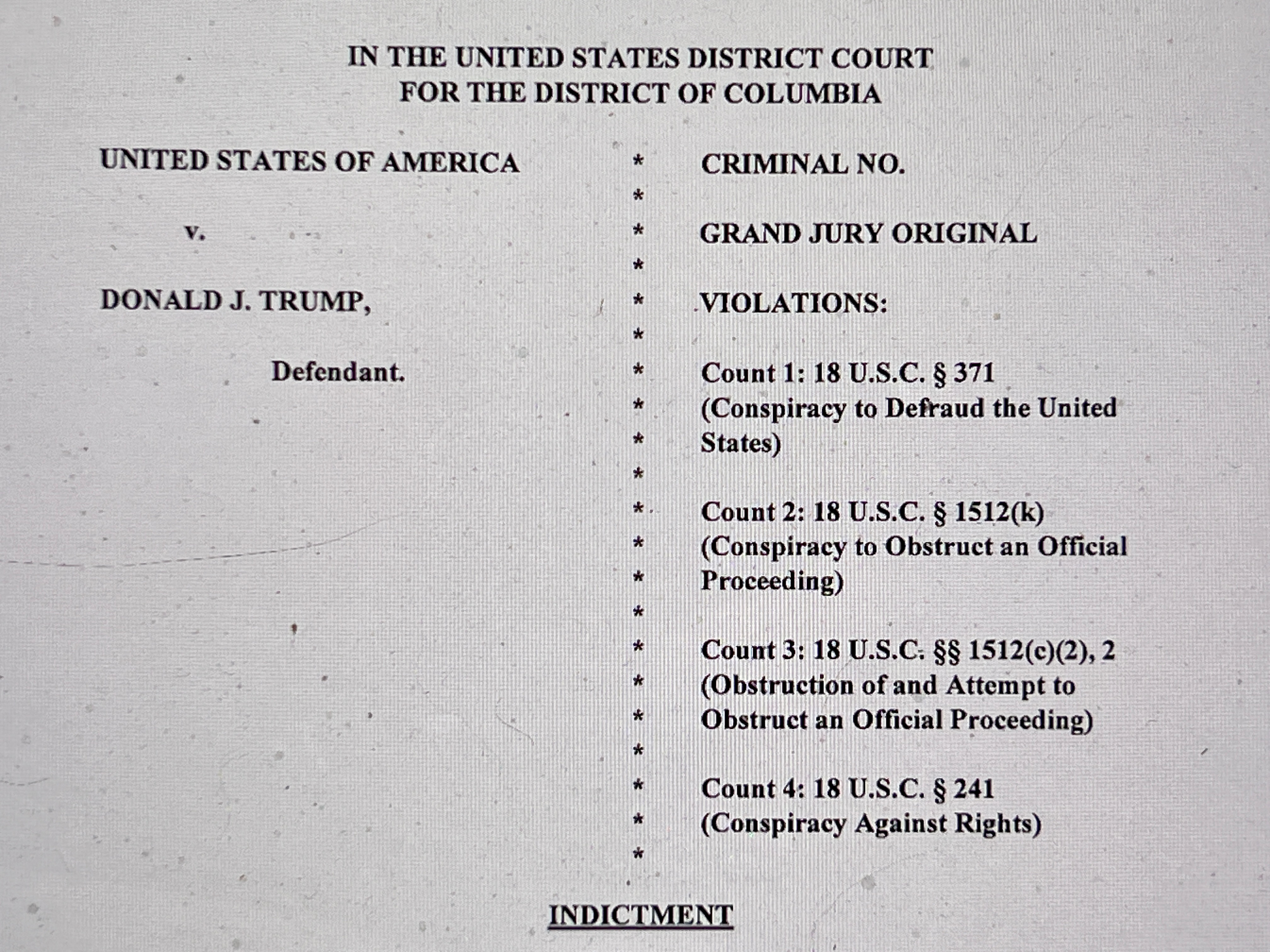 The opening page of an indictment against former U.S. President Donald Trump