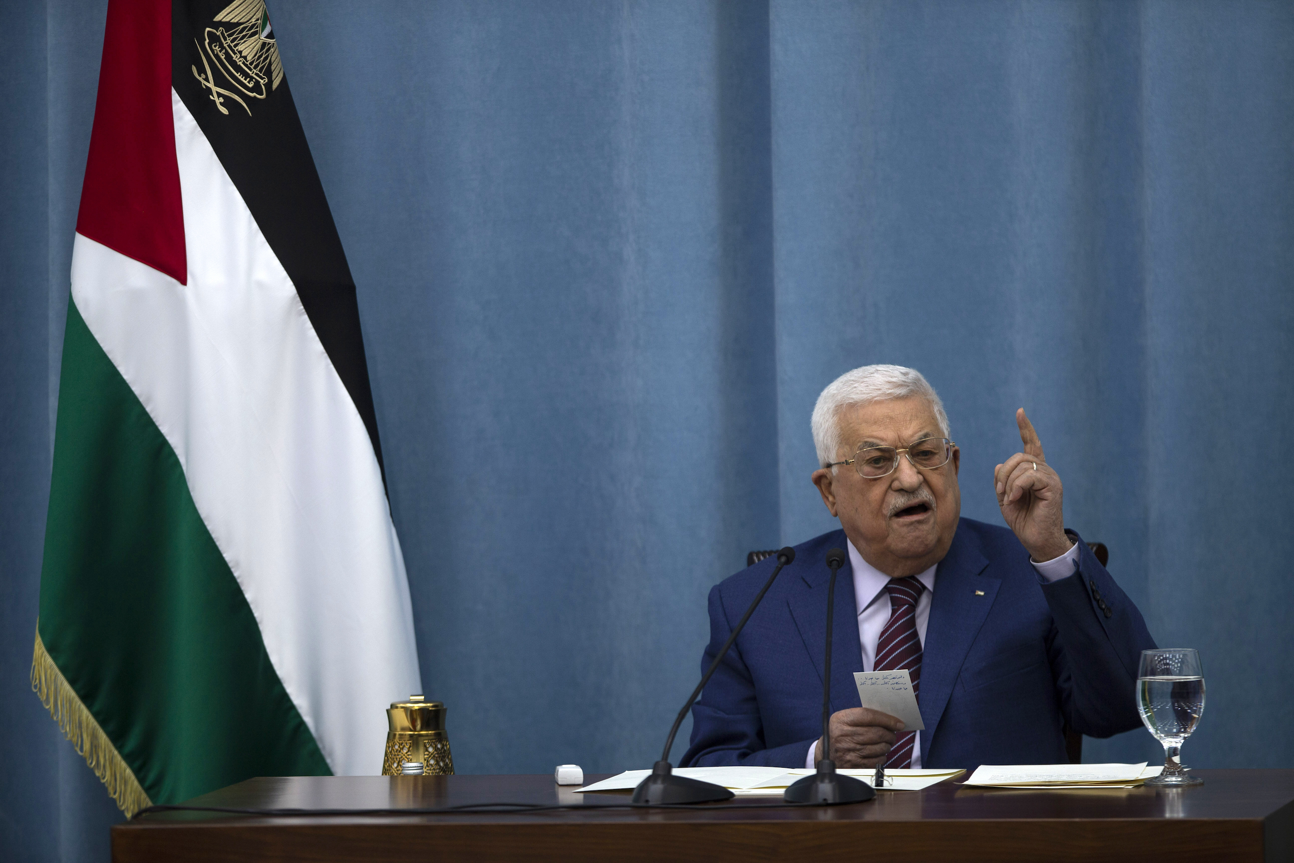FILE - Palestinian President Mahmoud Abbas speaks during a meeting of the PLO executive committee and a Fatah Central Committee at the Palestinian Authority headquarters in the West Bank city of Ramallah on May 12, 2021. 
