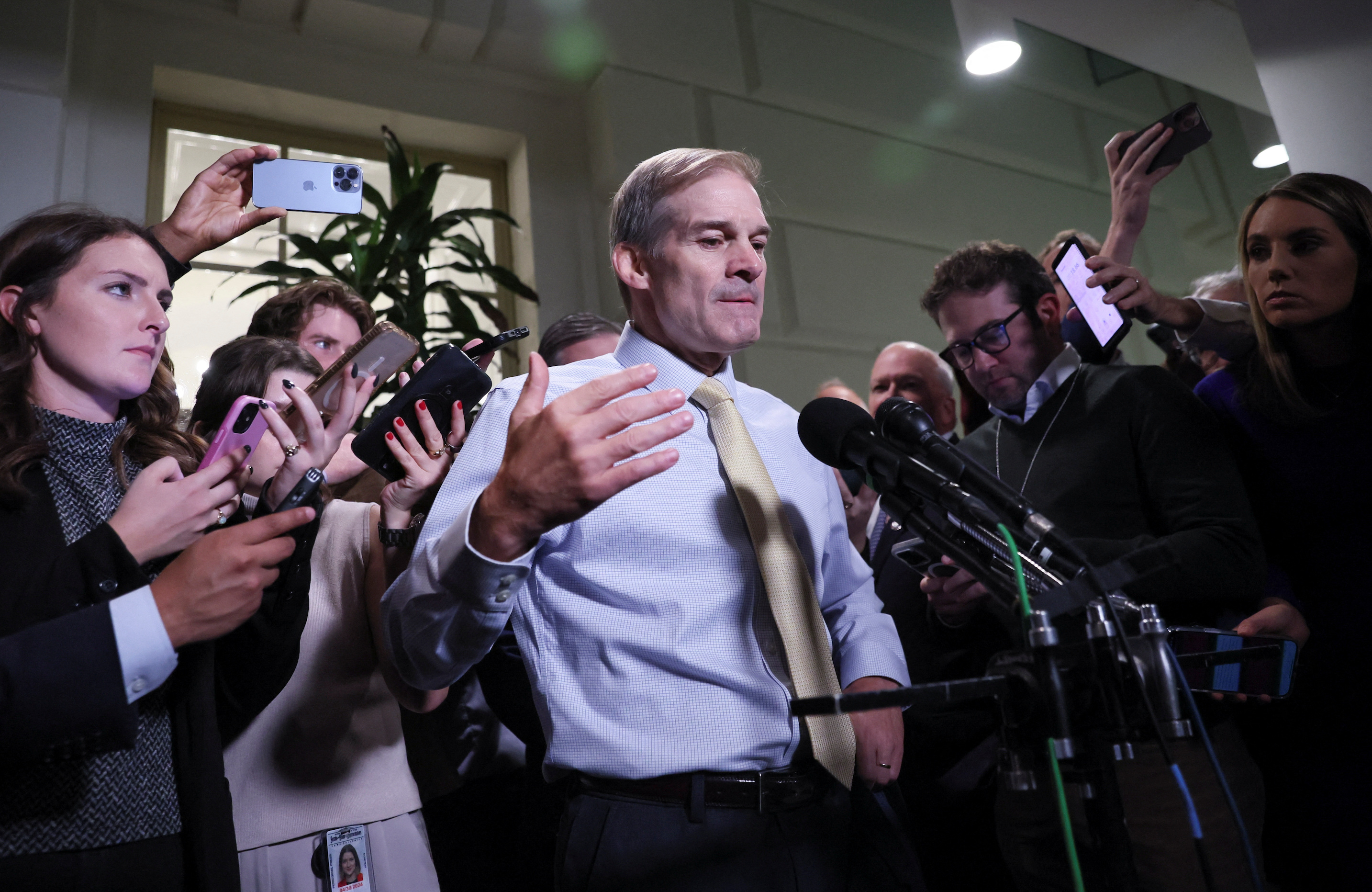 Rep. Jim Jordan (R-OH) faces reporters after it was reported that Jordan vowed to continue his floundering bid for speaker of the U.S. House of Representatives after earlier saying he would back a plan to empower Speaker of the House Pro Tempore Patrick McHenry (R-NC) to hold the post until January. October 19, 2023. 