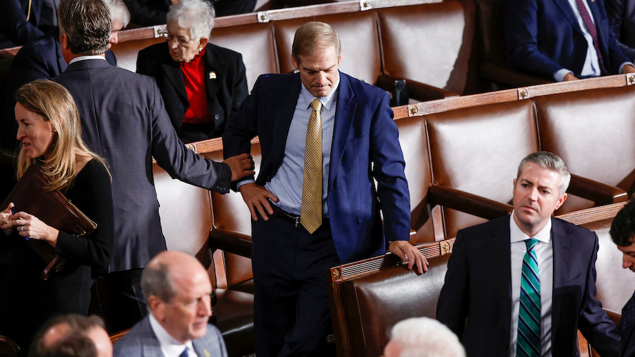 U.S. Rep. Jim Jordan (R-OH), the top contender in the race to be the next Speaker of the U.S. House of Representatives, stands on the floor of the House of Representatives after it became clear he would once again failed to win the Speaker's gavel during a third round of voting at the U.S. Capitol in Washington, U.S., October 20, 2023.