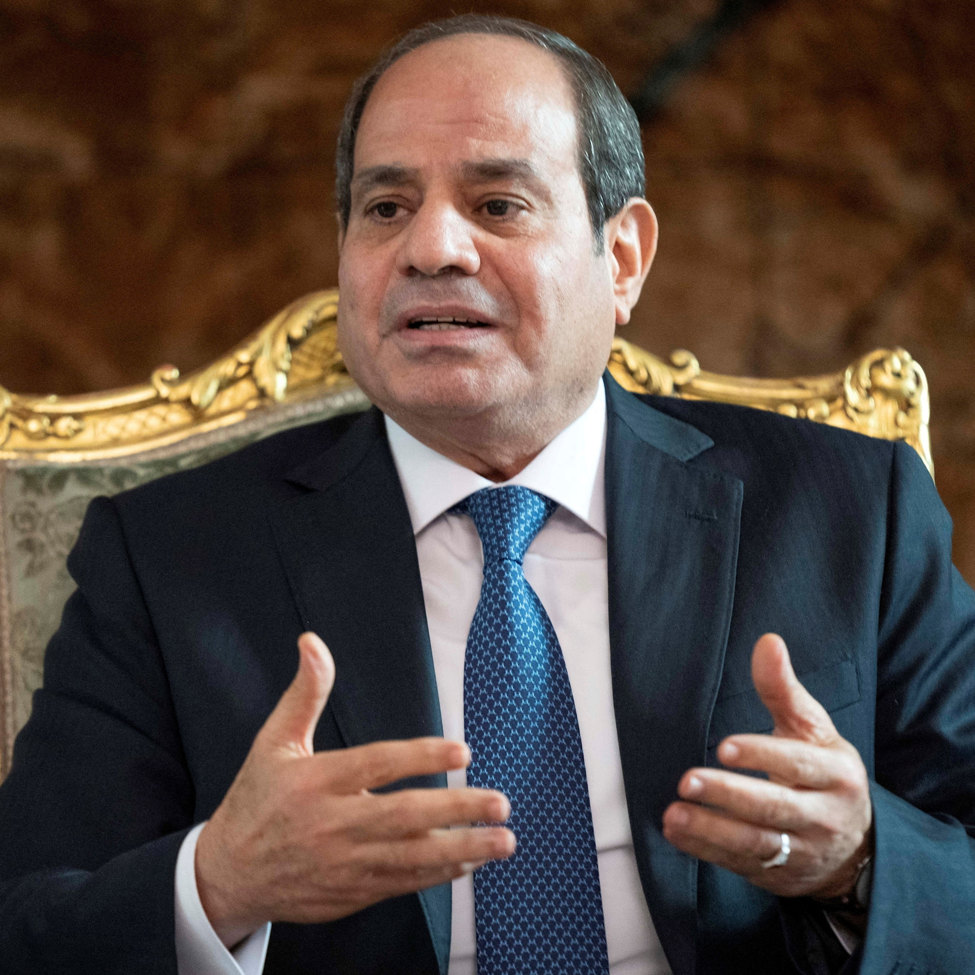 Egypt's President Abdel Fattah El-Sisi speaks while meeting with U.S. Secretary of State Antony Blinken, at Al-Ittihadiya Palace in Cairo on October 15.
