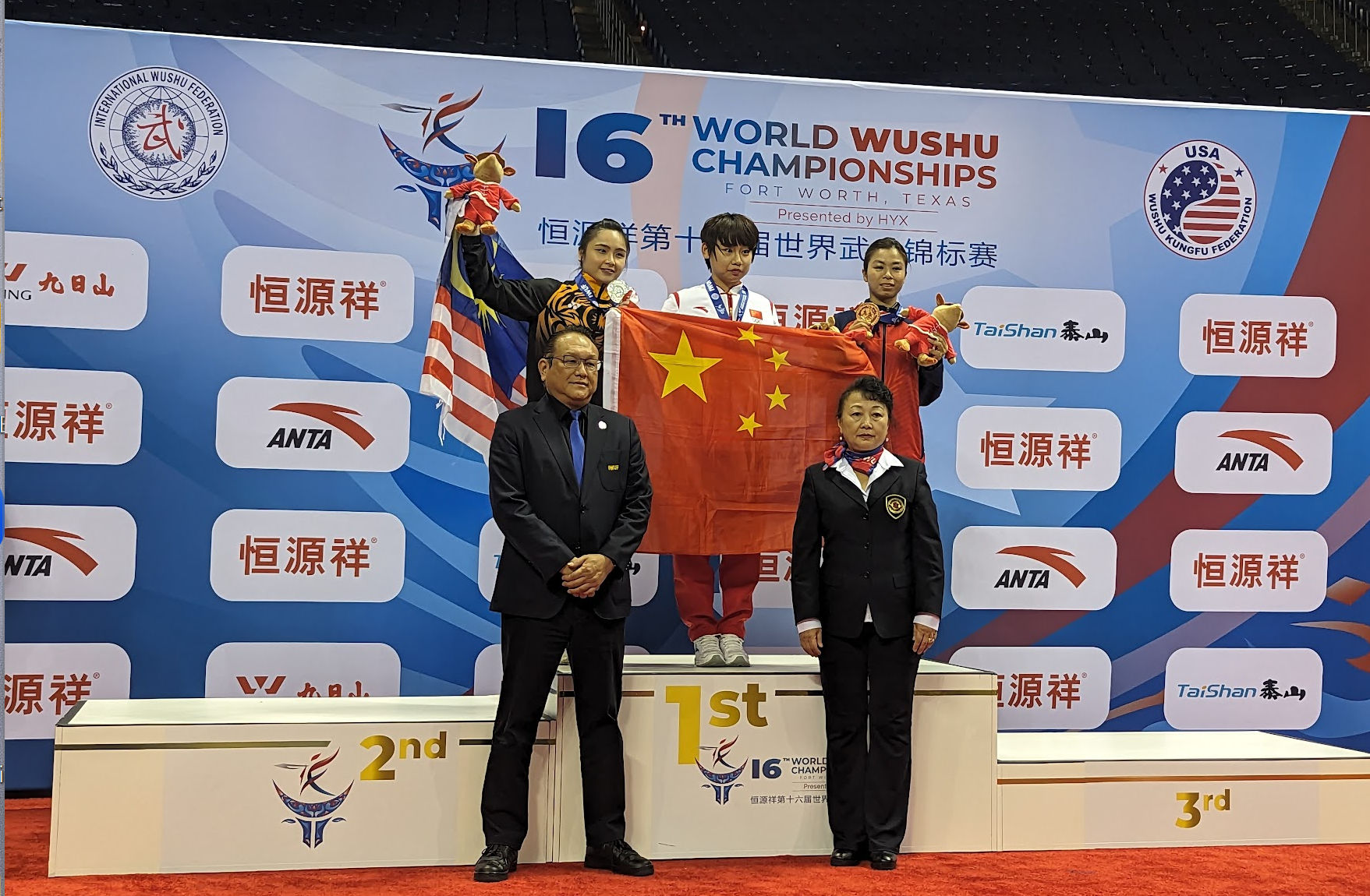 China’s Zhang Qingchun at the awards ceremony following his win in the men’s Qiangshu competition.  Malaysia’s Wong Weng Son took silver and Indonesia’s Muhammad Daffa Golden Boy won bronze. 