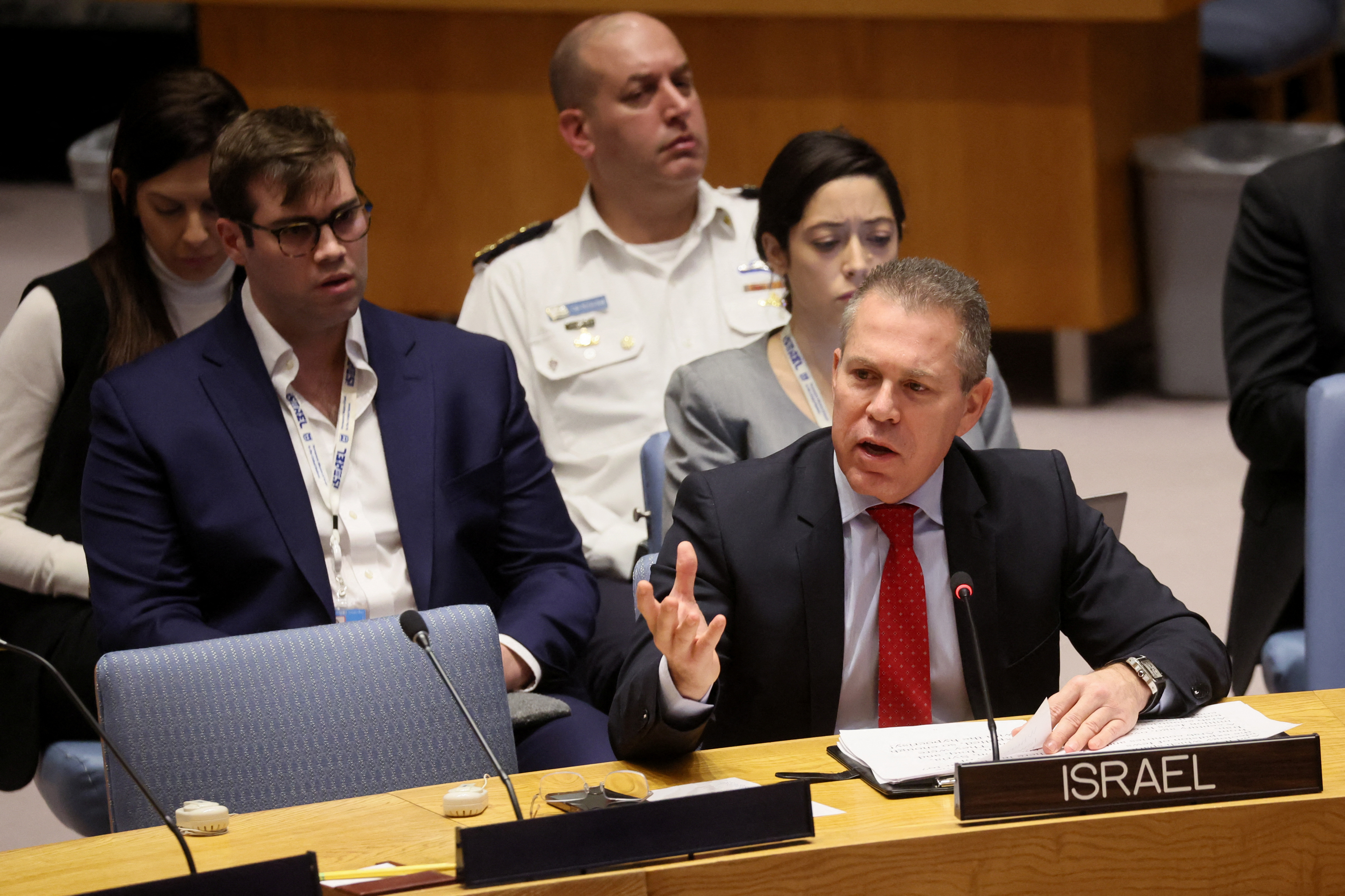 Israeli ambassador to the UN Gilad Erdan attends a UN Security Council meeting on the conflict between Israel and Hamas, in New York City