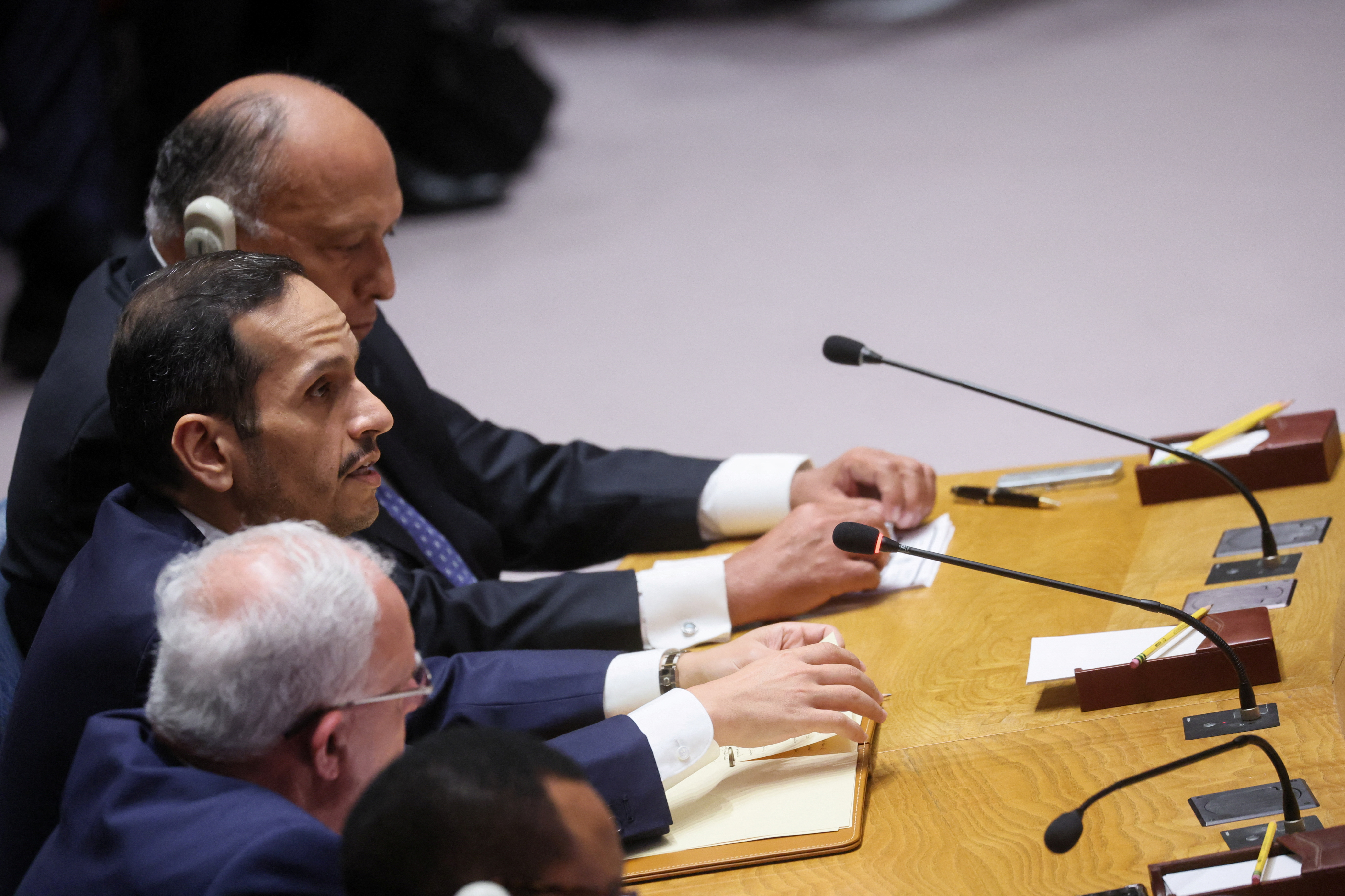 Qatari Prime Minister Mohammed bin Abdulrahman bin Jassim Al Thani attends a UN Security Council meeting on the conflict between Israel and Hamas, in New York City