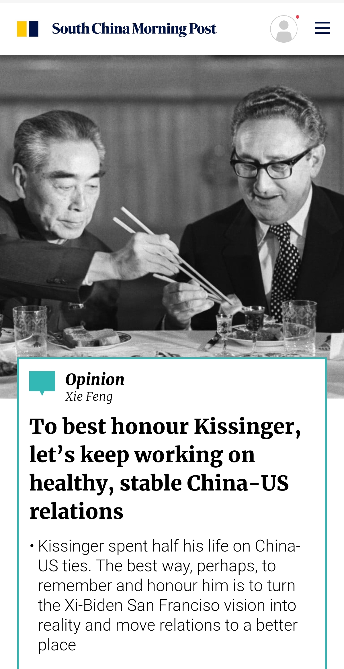 Ambassador Xie Feng publishes article to honor Dr. Henry Kissinger