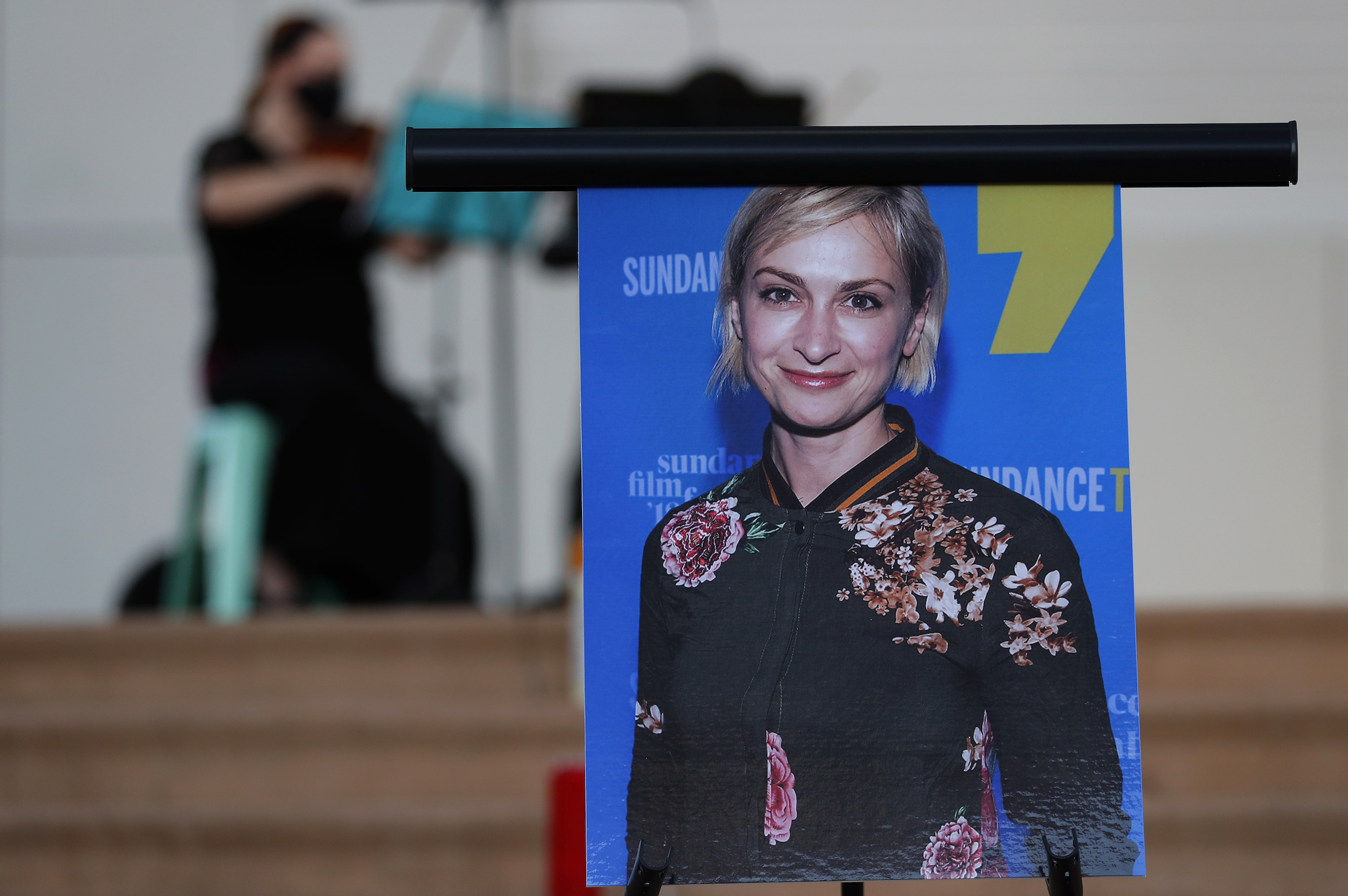 A photograph of cinematographer Halyna Hutchins during a vigil in her honor in Albuquerque, N.M., Oct. 23, 2021