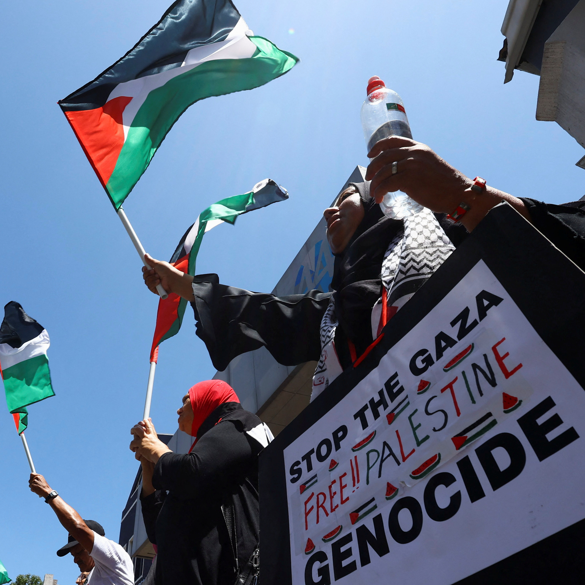 People hold placards and Palestinian flags in Cape Town, South Africa.