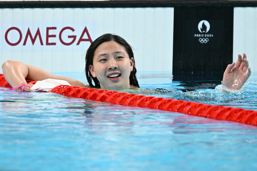 China’s Tang Qianting reacts after taking silver in the final of the women’s 100m breaststroke swimming event during the Paris 2024 Olympic Games on July 29, 2024. PHOTO: JONATHAN NACKSTRAND / AFP