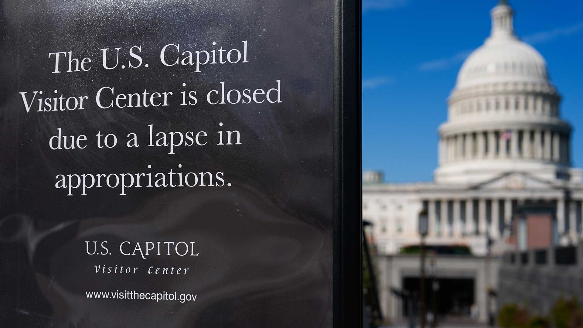 A sign announces that the U.S. Capitol Visitor Center is closed, on the first day of a partial government shutdown, Wednesday, Oct. 1, 2025, in Washington. (AP Photo/Julia Demaree Nikhinson)