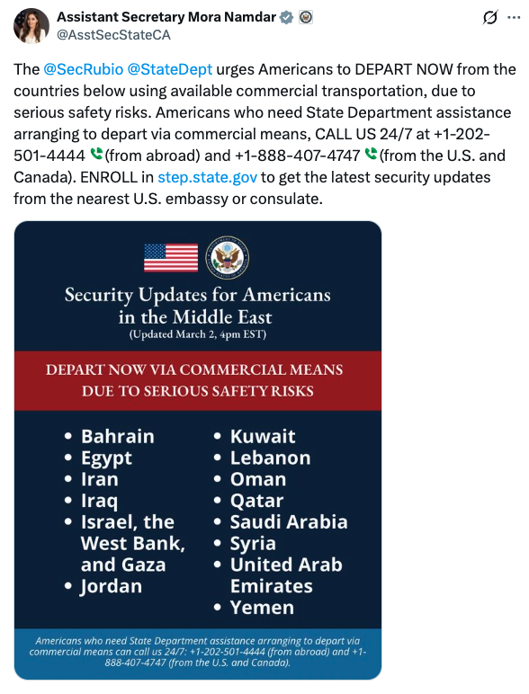 US State Dept. tells Americans to 'DEPART NOW' from multiple countries