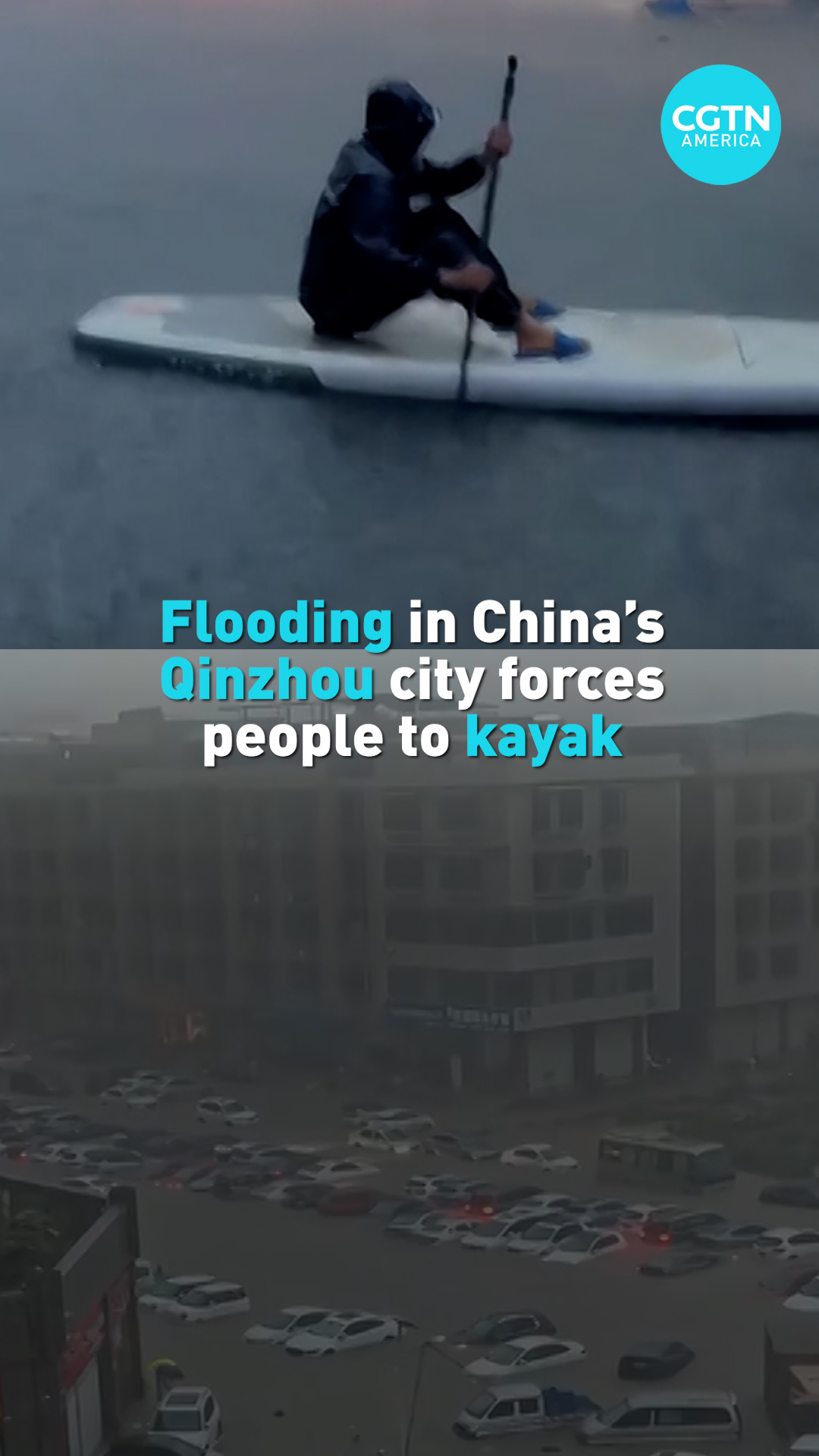 Flooding in China's Qinzhou city forces people to kayak