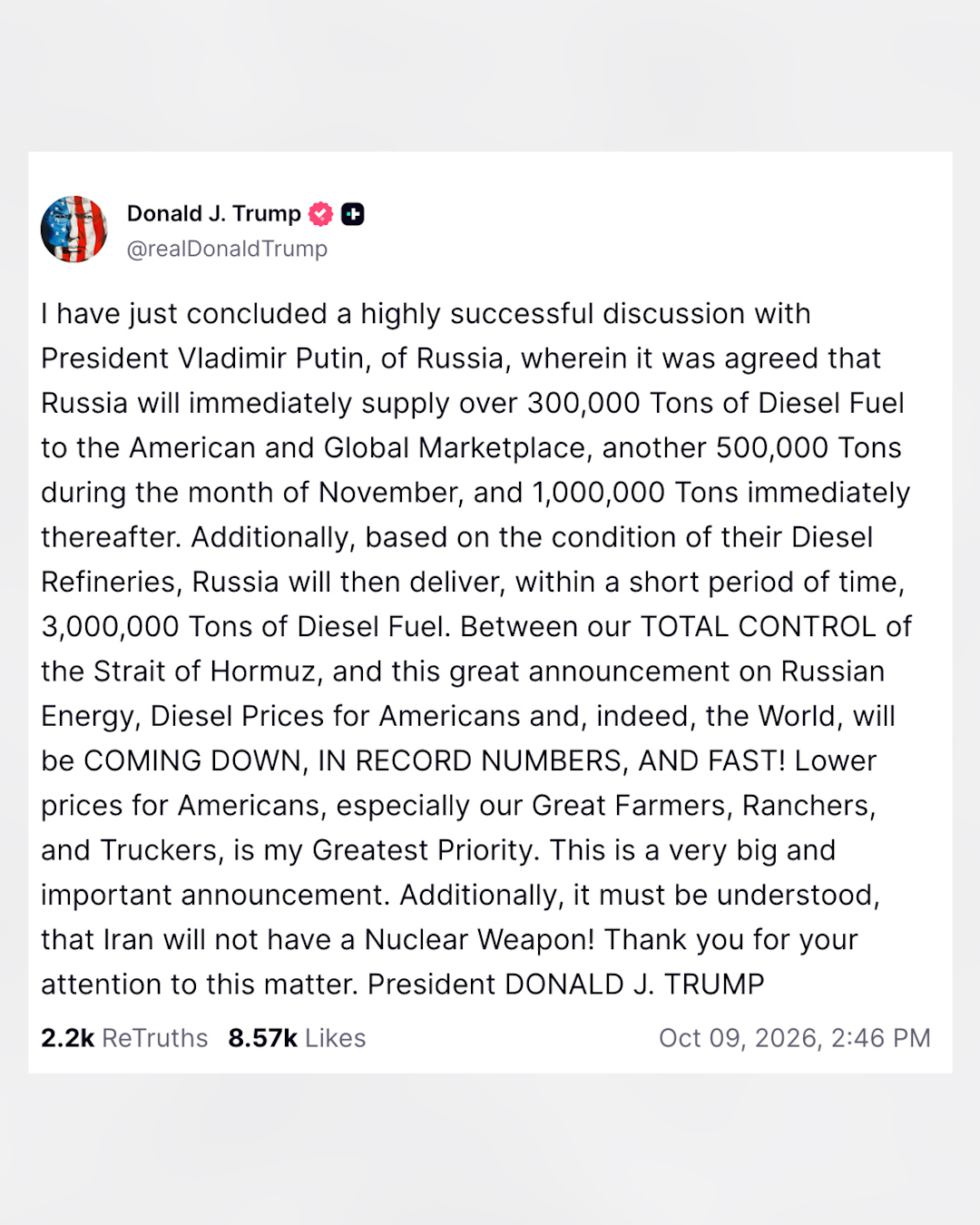 Trump strikes deal with Putin on oil 